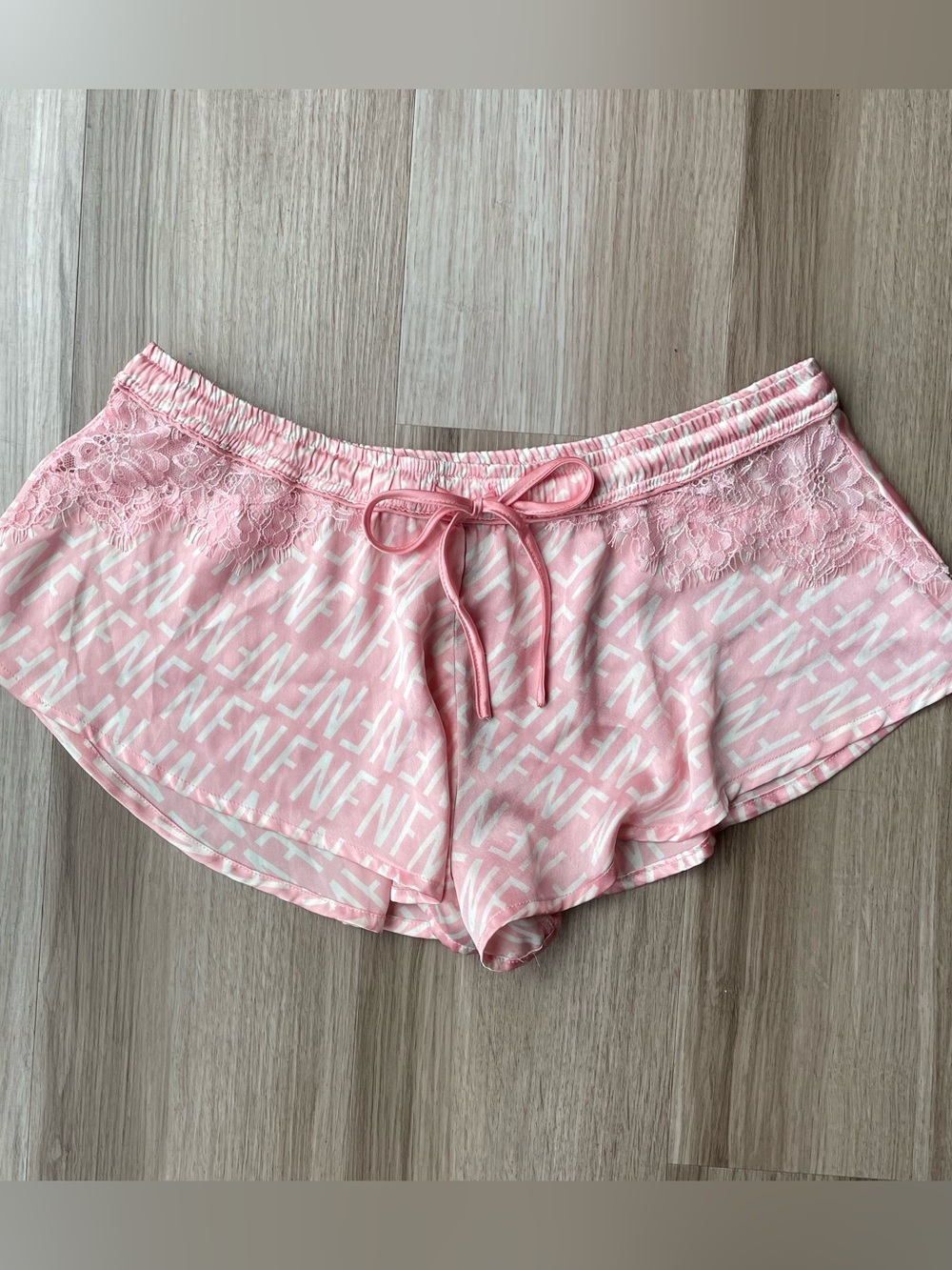 Fashion Nova Satin Lace Trim Logo Sleep/Lounge Shorts Drawstring Elastic Pink M